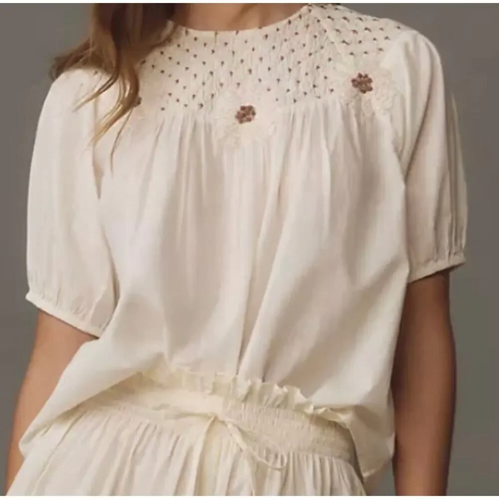 Anthropologie Cream Floral Embroidered Cotton Peasant Blouse Small Boho Cottage